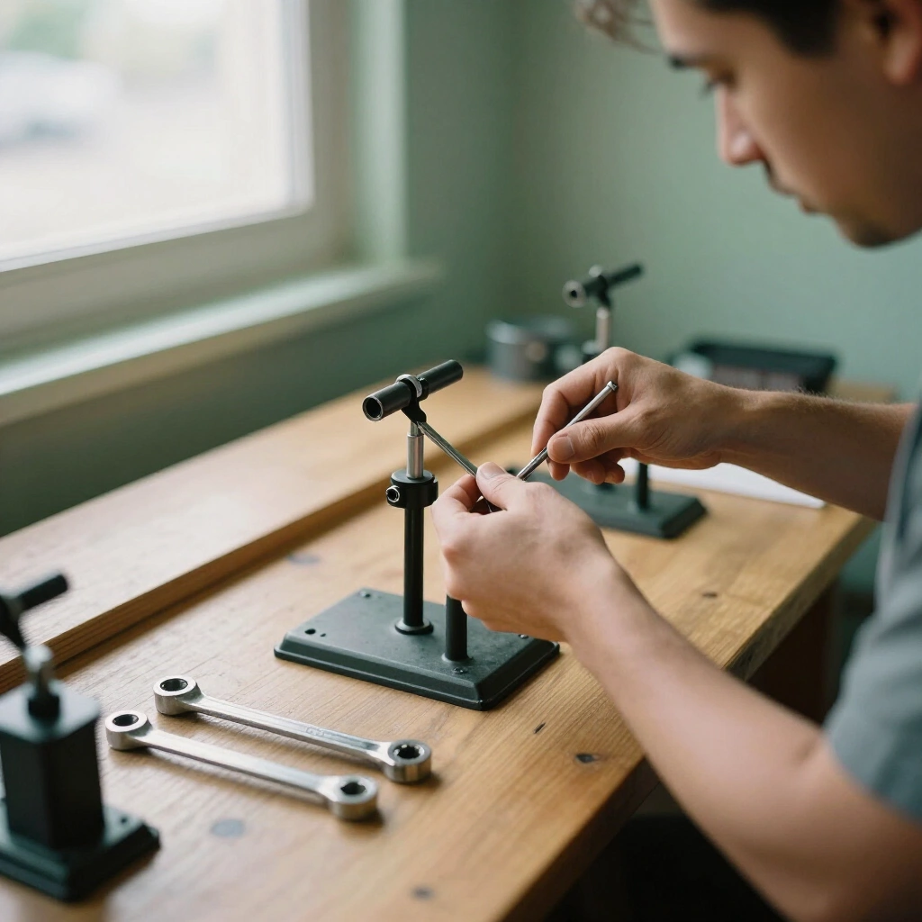 Atelier de reparation range avec deux velos sur pied et des cles dynamometriques sur un rail magnetique