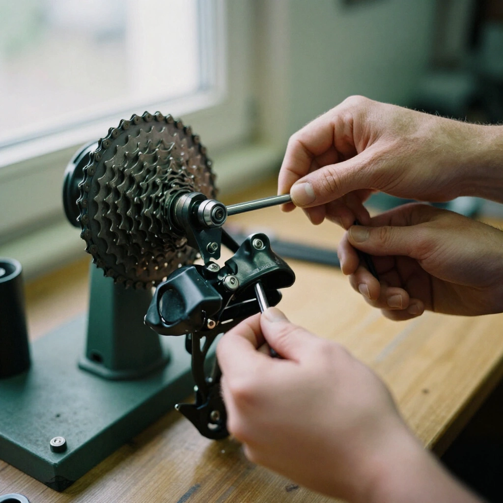 Mains reglant un derailleur arriere a la cle six pans, chaine et cassette au premier plan
