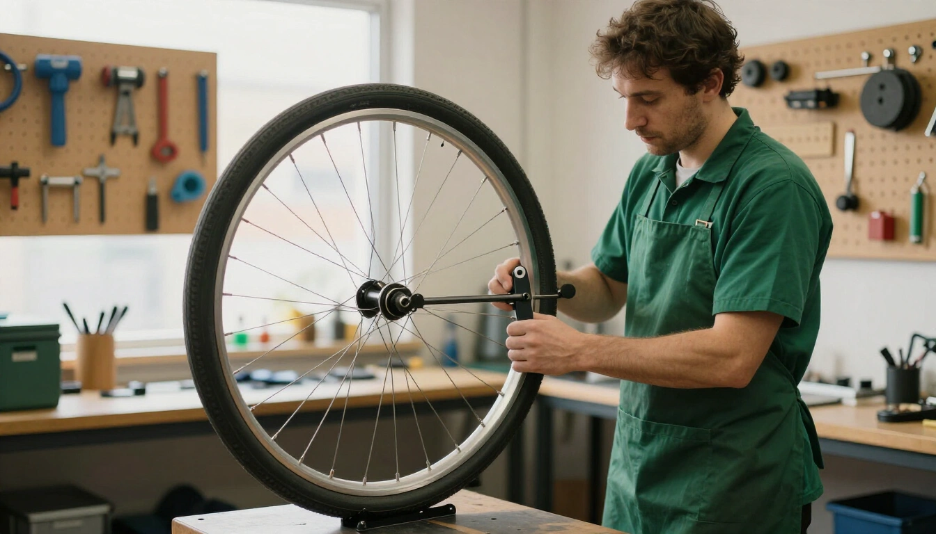 Mecanicien en tablier vert dresse une roue de velo sur un pied de reparation dans l'atelier de Troyes