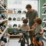 Parent et enfant choisissant un petit velo dans le rayon enfant du magasin
