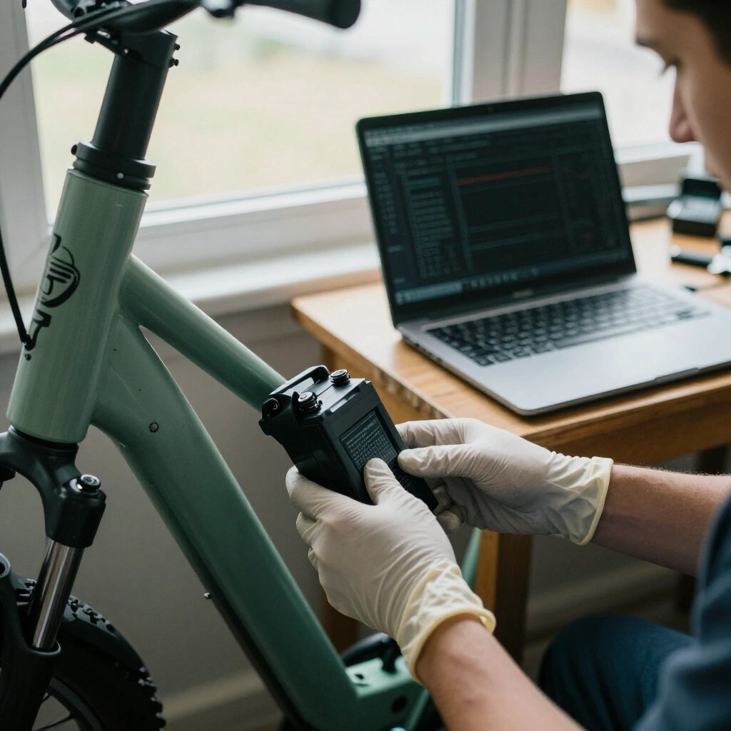Technicien ganté retirant une batterie de velo electrique du cadre, ordinateur de diagnostic a cote