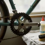 Transmission de velo nettoyee, plateaux brillants, degraissant et brosse poses sur un chiffon d'atelier