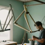 Velos d'occasion en cours de remise en etat, cadres suspendus au plafond de l'atelier
