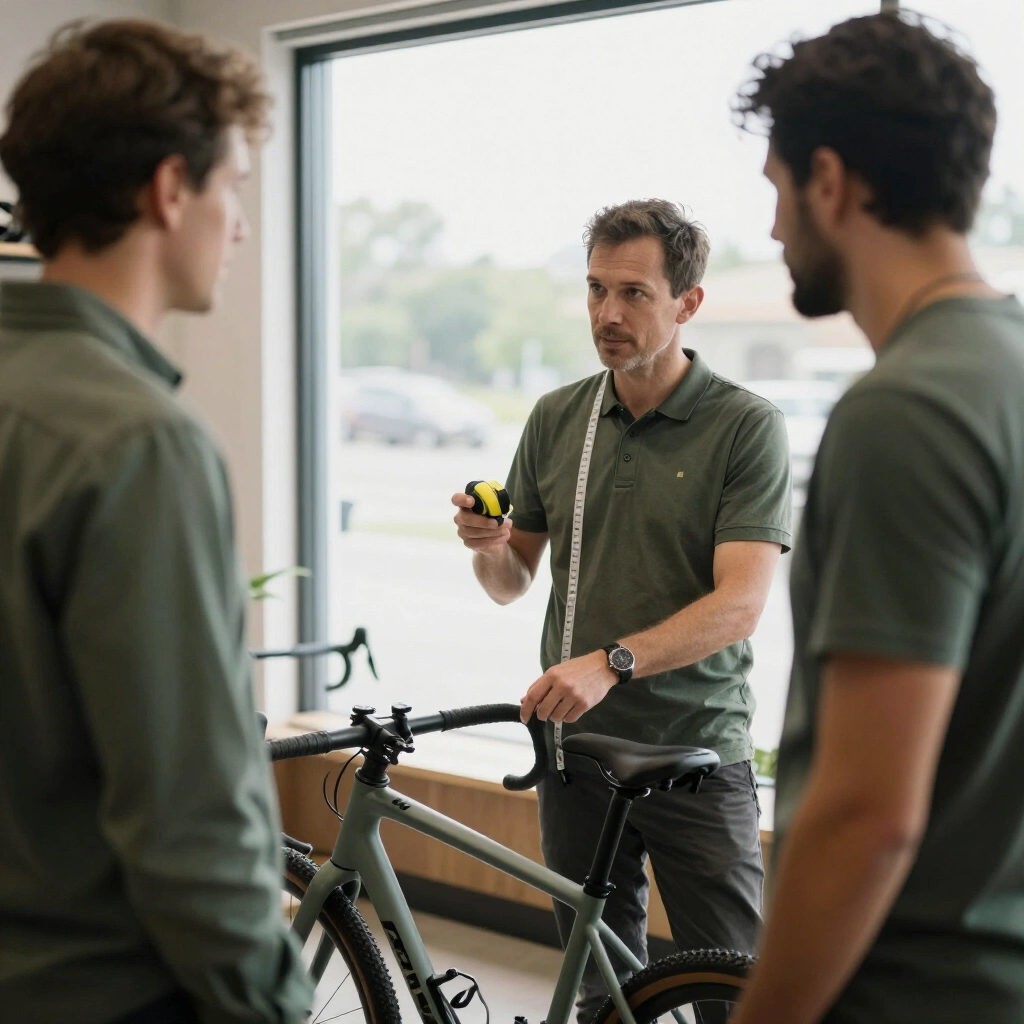 Vendeur et cliente mesurant la taille de cadre d'un velo gravel devant la vitrine du magasin